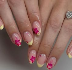 Nail Inspiration Gel Polish, Pink And Yellow Hibiscus Nails, Hibiscus Flower Nails Yellow And Pink, Hot Holiday Nails, Short Nails With Hibiscus Flower, Pink And Yellow Short Nails, Short Nail Almond Designs, How To Paint A Hibiscus Flower On Nails, French Tip Tropical Nails