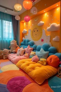 this is a very colorful bedroom with lots of stuffed animals