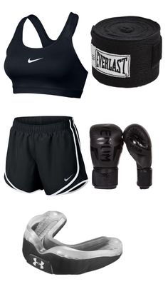 a woman's sports outfit with boxing gloves, headgear and wrist wraps