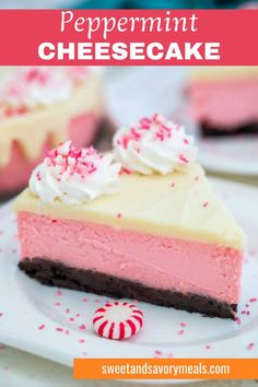 a plate with a slice of the best peppermint cheesecake