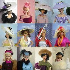 many different hats and dresses are featured in this collage, including women's hats