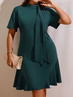 Dark Green Elegant Collar Short Sleeve Knitted Fabric Plain Fitted Embellished Medium Stretch  Women Plus Clothing Corporate Gowns For Office For Plus Size, Shein Casual Dress, Simple Chic Dress Classy, Gowns Dresses Elegant Classy Simple, Casual Gowns Simple Short, Simple Office Dress Styles, Classy Gowns Elegant, Simple Short Gowns Classy, Aline Dress Pattern