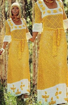 two women in yellow dresses with white trims standing next to each other and smiling