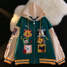 Cute Colorful Vintage Zip-Up Hoodies for Women Kawaii Spring Fashion Streetwear Cotton Hooded Jacket With Patchwork, Cotton Patchwork Hooded Jacket For Streetwear, Trendy Cotton Patchwork Hoodie, Trendy Patchwork Cotton Hoodie, Casual Patchwork Hooded Jacket For Streetwear, Casual Patchwork Hooded Jacket, Fall Hooded Patchwork Jacket, Fall Patchwork Hoodie Jacket, Fall Patchwork Hooded Jacket