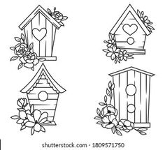 four birdhouses with flowers and hearts on them