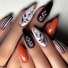 Autumn Nails October, Fall Nails Ideas September, Nail Art For September, Tropical Fall Nails, Mail Designs Fall, Black And White Fall Nails, Octoberfest Nails, Fun Nails Fall, Unique Fall Nail Designs