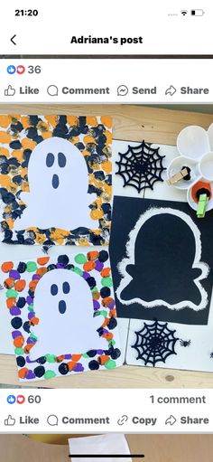 two halloween cards with ghost faces and spider webpages on the bottom right side