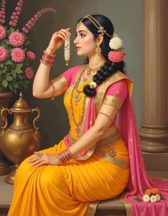 a painting of a woman in yellow and pink sari sitting on a table with flowers