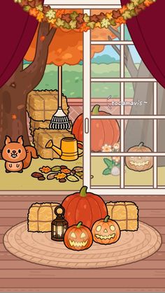 a room with pumpkins and other decorations on the floor next to an open window