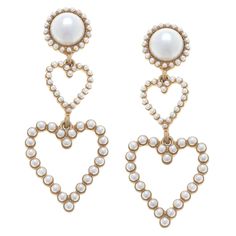 Elevate any outfit with the timeless elegance of our Isla Pearl Heart Drop Earrings. Details Base Metal with Worn Gold Plating Glass Pearls 2.4" Length Elegant White Metal Heart Earrings, Elegant Metal Earrings With Heart Beads, Elegant Double Heart Metal Earrings, Elegant Heart Beads Earrings For Wedding, Elegant Wedding Heart Beaded Earrings, Elegant Heart Bead Earrings For Party, Elegant Party Earrings With Heart Beads, Elegant Double Heart Earrings For Party, Elegant Party Heart Earrings With Beads