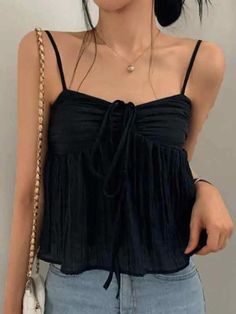 Solid Color Pleated Lace Up Cami Top - AnotherChill Black Cami Top, 2000s Outfits, Mini Dress Formal, Cami Top, Summer Essentials, Cami Tops, Aesthetic Fashion, Summer Wardrobe, Set Dress