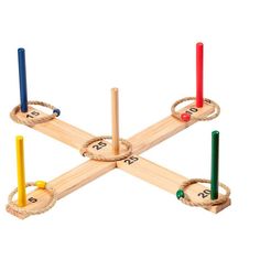 a wooden toy set with ropes and numbers on the sides, including one for two