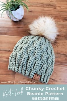 the chunky crochet beanie pattern is knitted with a pom - pom