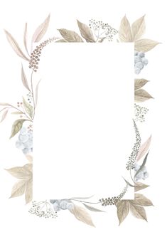 a white square frame with leaves and berries on the edges, in pastel tones