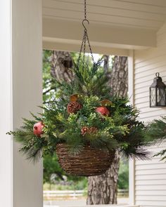 a hanging basket filled with pine cones and evergreens on a porch next to a tree