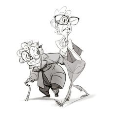 two cartoon characters, one with glasses and the other with a cane in his hand