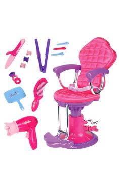 a pink hair salon chair with accessories