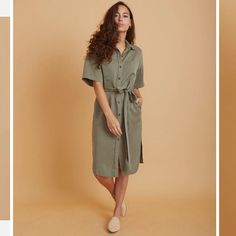 Marine Layer Renata Dress Size Small Olive Knee-length Midi Dress For Spring, Spring Olive Knee-length Midi Dress, Olive Midi Length Dress For Work, Casual Olive Dress For Daywear, Olive Summer Workwear Dress, Olive Summer Dress For Workwear, Olive Knee-length Dresses For Work, Olive Summer Dress For Work, Summer Olive Dress For Work