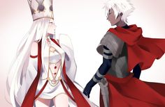 two anime characters dressed as knights and princesses, one with white hair wearing a red cape