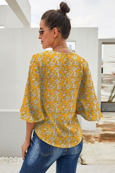 Yellow Floral Print Button Tie Top Yellow V-neck Blouse With Buttons, Yellow V-neck Top With Button Closure, Chic Yellow Tops With Button Closure, Spring Brunch Tops With Button Closure, Tie Neck Blouse, Maxi Dress Evening, Tie Blouse, Skirts Online, Mini Shift Dress