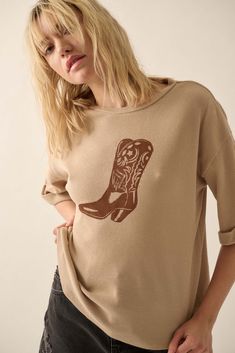 Cowgirl Culture Cowboy Boot Thermal Graphic Tee - ShopPromesa Casual T-shirt For Western-themed Fall Events, Brown Western Tops For Winter, Western Brown Tops For Winter, Brown Western Style Top For Winter, Fall Ranch Crew Neck T-shirt, Oversized Tops For Rodeo In Spring, Brown Western Style Summer Tops, Oversized Spring Tops For Rodeo, Western Crew Neck Tops For Rodeo