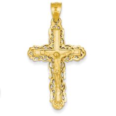 Size: 42 mm long x 23 mm wideMetal: 14k Yellow GoldFinish: Diamond-cut, SatinFree U.S. Shipping for orders over $50 Protected by our 30-Day Risk Free Returns! Fine Jewelry Bracelets, Gold Cross, Metal Casting, Gold Jewelry Fashion, Gold Charm, Gold Style, Charm Jewelry, Sterling Silver Jewelry, Diamond Cuts