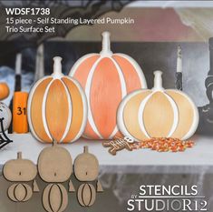 From StudioR12 - Layered Pumpkin Trio Self Standing Surface - SHIPS FAST! USA MADE! These precision cut pumpkin-shaped wood MDF surfaces are ready for paint, glue, decoupage, & more! Paint your own Decor. Makes the perfect addition to your next Fall or Halloween decor!

Set includes 15 total pieces: 3 pumpkin surfaces, 9 pumpkin layer pieces, and 3 standing pieces.

Pumpkin Assembled Size:
Small: 10" Tall x 11.5" Wide
Medium: 12" Tall x 8.5" Wide
Large: 15" Tall x 11.75" Wide Wood Pumpkins, Pumpkin Fall Decor, Painted Wood Signs, Fall Diy, Wood Cutouts, Painted Wood