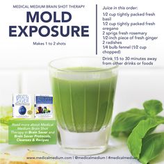 an advertisement for the medical brain shot therapy, with green liquid in a glass next to it