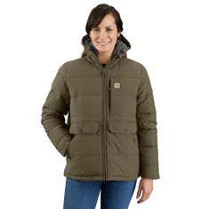 You can rely on this women's puffer jacket to keep you warm and dry on blustery days or during surprise snow showers. It's built to last from quilted nylon that blocks wind and sheds light rain. Synthetic insulation and a soft sherpa fleece lining in the upper body seal in heat, while hidden elastic cuffs keep out the chill. Features4.5-ounce, 100% silicone-coated nylonSherpa-lined upper body and hood for comfort; blown-in insulation for extra warmth | Carhartt Women's Montana Puffer Jacket - Sh Blown In Insulation, Snow Showers, Carhartt Logo, Carhartt Womens, Light Rain, Puffer Jacket Women, Plus Size Outerwear, Sherpa Lined, Sherpa Fleece