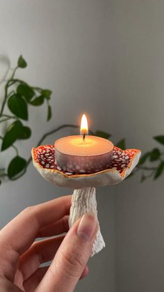 a hand holding a small candle on a plate