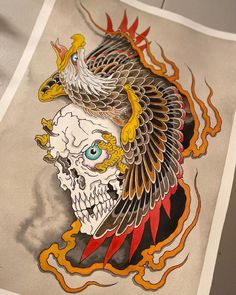 a drawing of a skull with a bird on it's head and flames around its neck