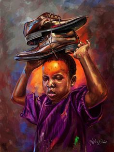 a painting of a boy carrying shoes on top of his head with one shoe above his head