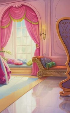 a painting of a bedroom with pink walls and curtains