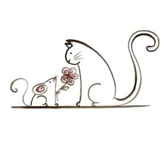 a drawing of a cat with flowers in its mouth and another cat on the other side