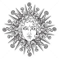 the sun with a human face in vintage engraving style hand drawn illustration isolated on white background