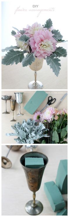 three different pictures with flowers in vases and other things on the table, including paper