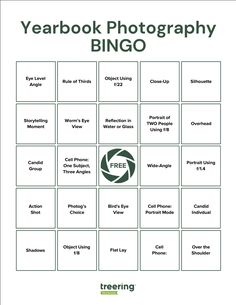 the year book photography bingo game is shown in green and white, with an image of a