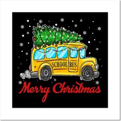 a yellow school bus with a christmas tree on the top and merry lettering in red