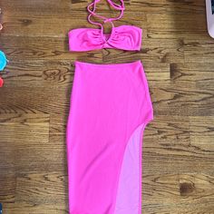 Hot Pink / Size Xs / Never Worn Asymmetrical Tube Top For Summer Parties, Asymmetrical Tube Top For Spring Party, Asymmetrical Tube Top For Spring Night Out, Pink Bandeau Top, Skirts Shein, Shein Skirts, Skirt Sets, Asymmetrical Skirt, Bandeau Top