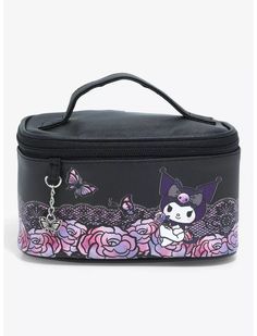 Kuromi Butterfly Roses Makeup Bag Kuromi Makeup Bag, Kuromi Skincare, Roses Makeup, Cute Makeup Bag, Cute Makeup Bags, Rose Makeup, Hello Kitty Clothes, Suitcase Bag, Tall Hoodies