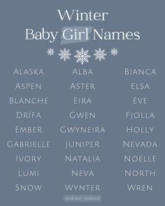 winter baby girl names with snowflakes on the top and bottom, in white