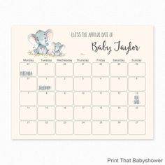 a baby shower calendar with an elephant and its cubby on it's side