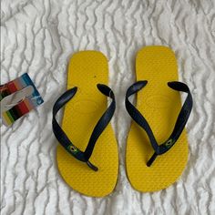 Brand New With Tags Attached Havaianas Flip Flops. Yellow Flat Synthetic Flip Flops, Comfortable Yellow Slip-on Flip Flops, Haviana Flip Flops Black, Cheap Synthetic T-strap Flip Flops, Yellow Non-slip Synthetic Flip Flops, Havaianas Flip Flops, Yellow Blue, Women's Shoes Sandals, Blue Yellow