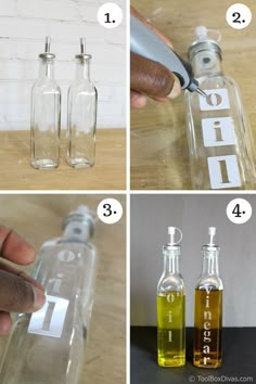 four pictures showing how to make an empty glass bottle with the word gin on it