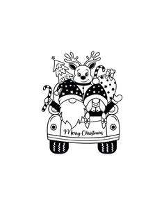 a black and white drawing of santa driving a car with reindeers on the roof