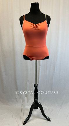 Salmon lycra camisole leotard is ruched at sternum and has a scoop back. Back of leotard and straps are Salmon velour. **Costume in image is an AL, Photographed on an AM/AL Mannequin with Measurements of: Bust 39", Ribcage 34", Waist 33", Hip 40", Girth 60" Orange Leotard, Camisole Leotard, Rib Cage, Leotards, Everyday Outfits, Couture, Orange, Photographer