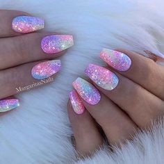 Nails Unicorn, Unicorn Nails, Short Coffin Nails, Mermaid Nails, Coffin Shape Nails, Nails Glitter, Trendy Nail Art, Pretty Nail Art, Rainbow Nails