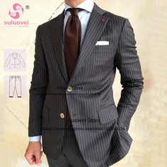 Elegant Grey Pinstripe Suit For Men Slim Fit 2 Piece Jacket Pants Set Formal Groom Wedding Peaked Luxury Tailored Pinstripe Double Breasted Suit, Luxury Single-breasted Sets For Groom, Luxury Men's Pinstripe Double Breasted Suit, Luxury Vest For Grooms, Luxury Single-breasted Pinstripe Suit, Luxury Pinstripe Blazer, Luxury Double-breasted Pinstripe Blazer, Luxury Pinstripe Double-breasted Blazer, Grey Pinstripe Suit