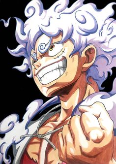 an anime character with white hair and blue eyes, holding his fist up in the air