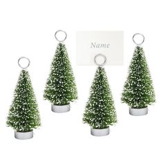 three small christmas trees in silver pots with name tag on white card holder, set of 3